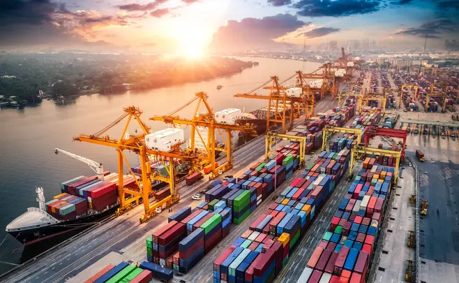 Colorful shipping containers at a cargo port