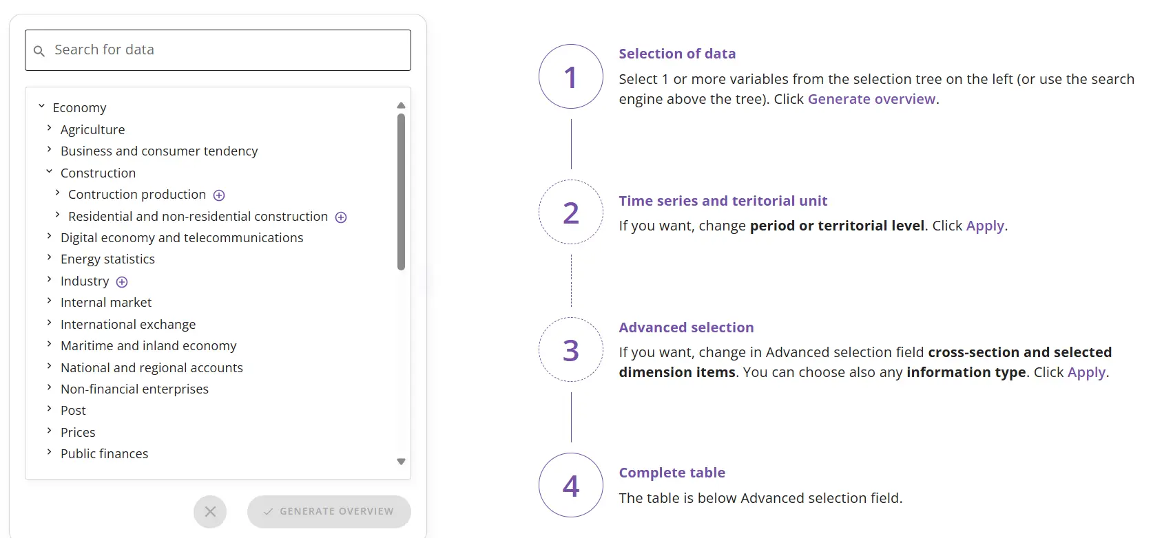 A diagram or screenshot of the data generation panel in DBW, illustrating the steps for searching for an indicator, selecting a range and modifying the table layout.